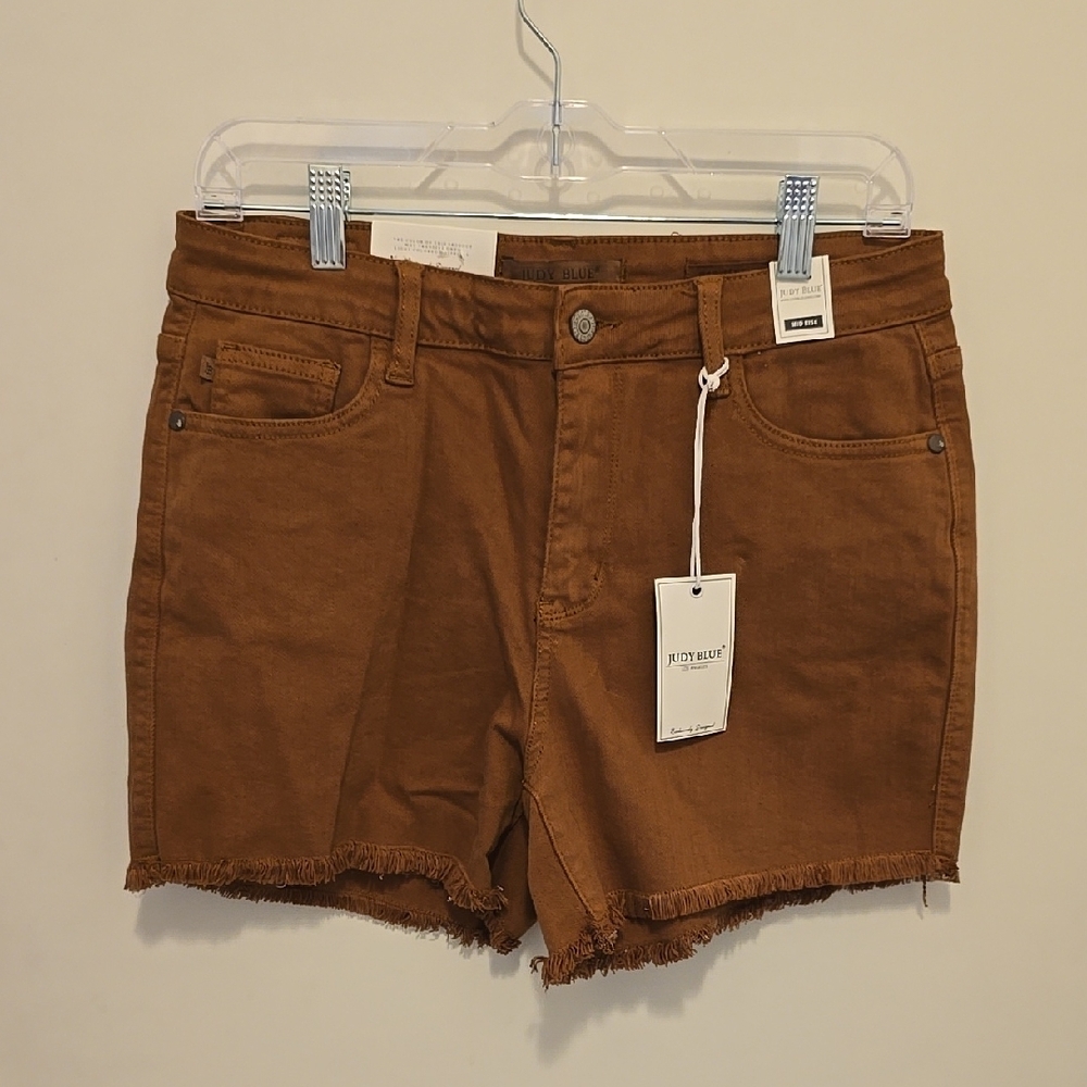Judy Blue Brown Jean Shorts with Raw Hem and Mid-Thigh Length